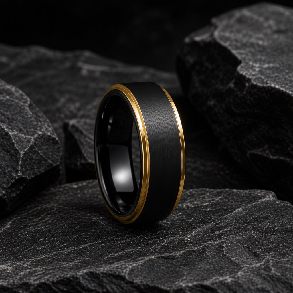 The Slick ring resting on dark charcoal rock, matte black centre and equal yellow-gold stepped rails fully readable
