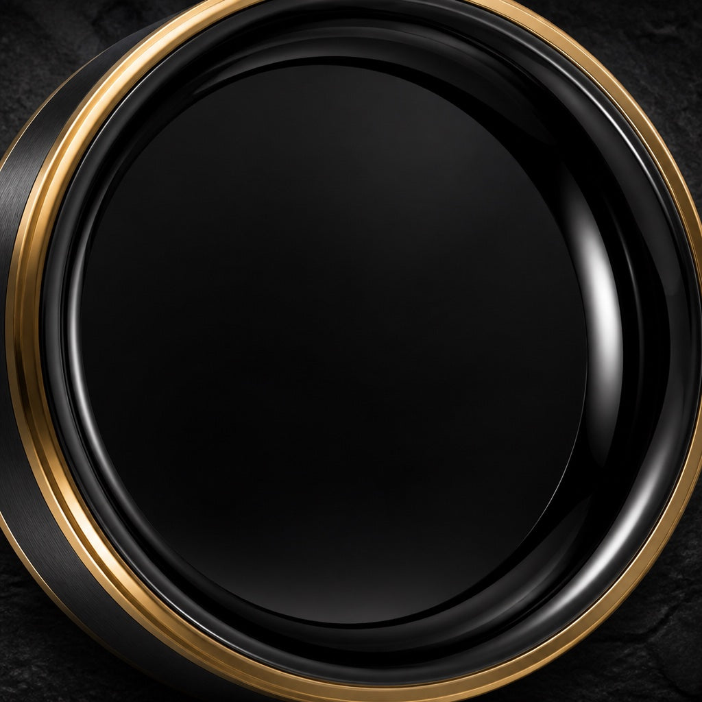 Slick ring angled on dark charcoal stone to show the polished blank black interior with yellow-gold stepped rails visible