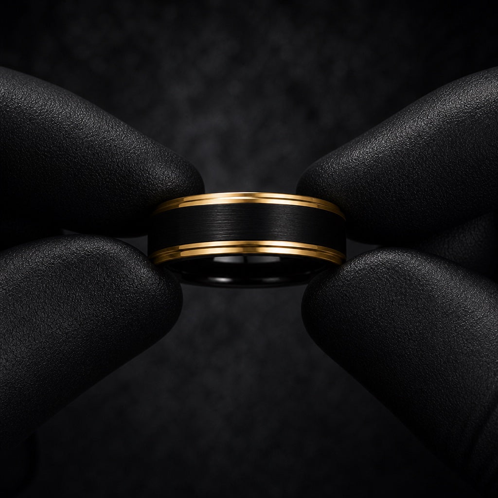 Gloved hands presenting the Slick ring, matte black centre, yellow-gold steps, and comfort-fit curve visible