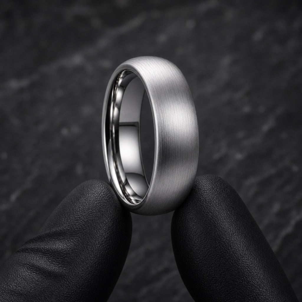 Gloved hands presenting the Smooth ring, brushed satin exterior and comfort-fit curve visible