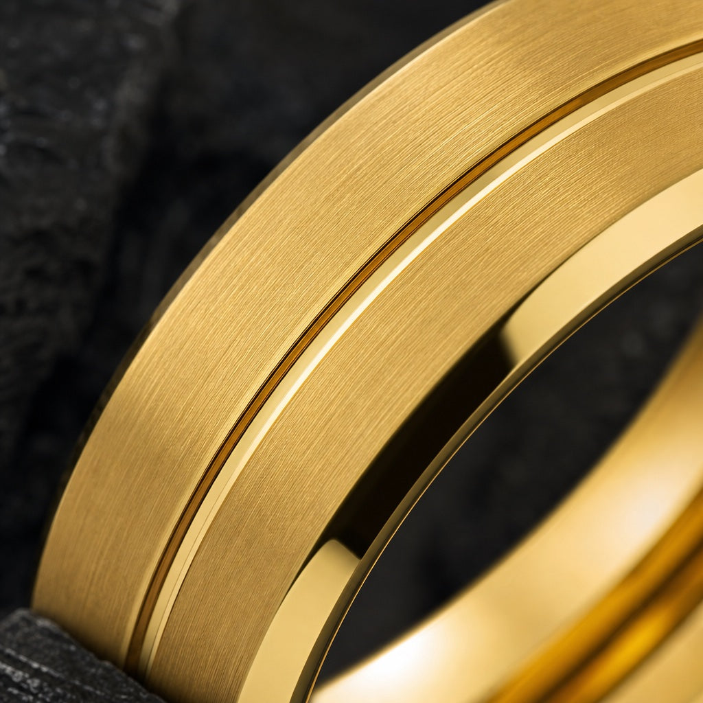 Macro of the Solar ring's brushed yellow-gold face and thin centred polished groove on dark charcoal stone