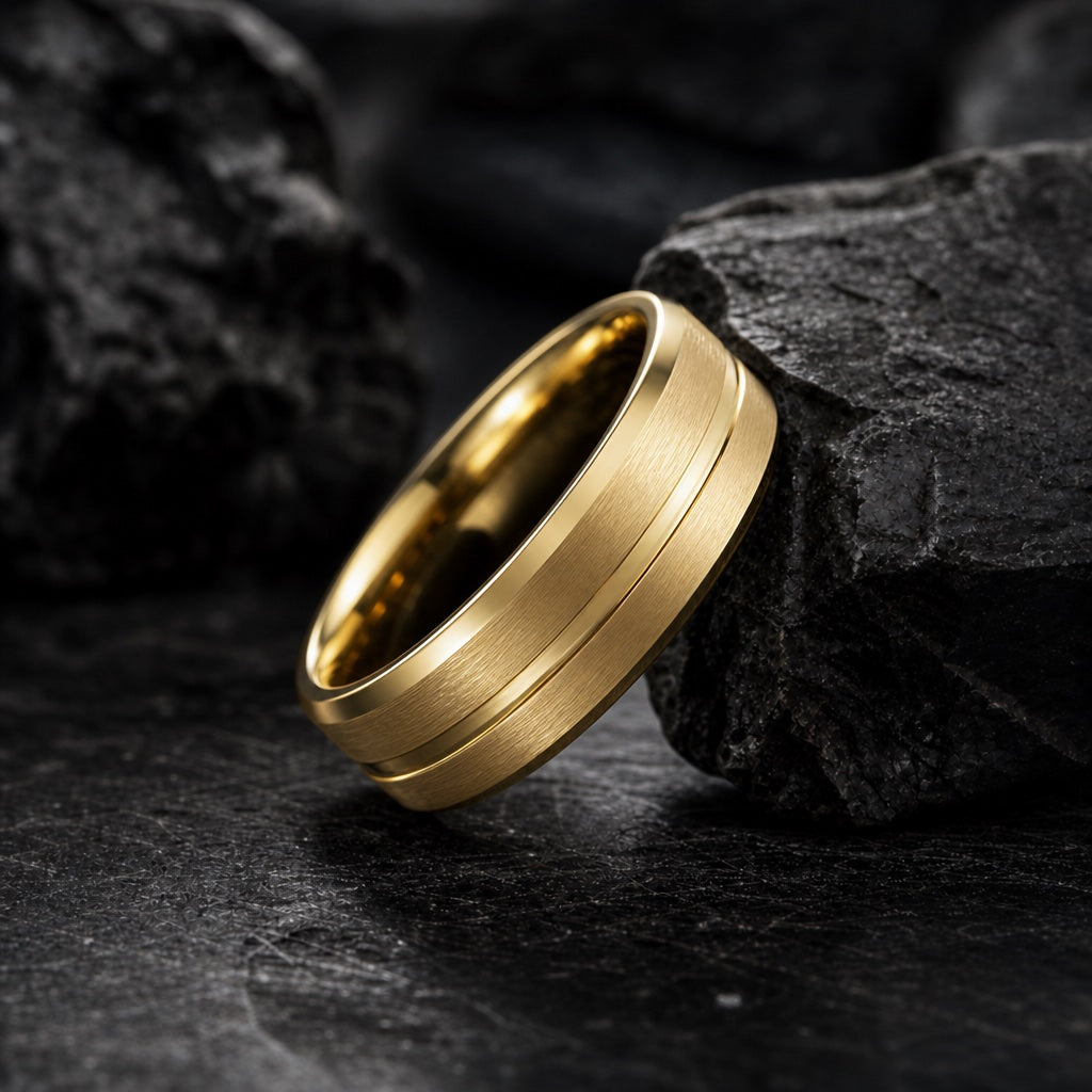 The Solar ring resting against dark charcoal rock, brushed gold face, centre groove and bevelled rims visible