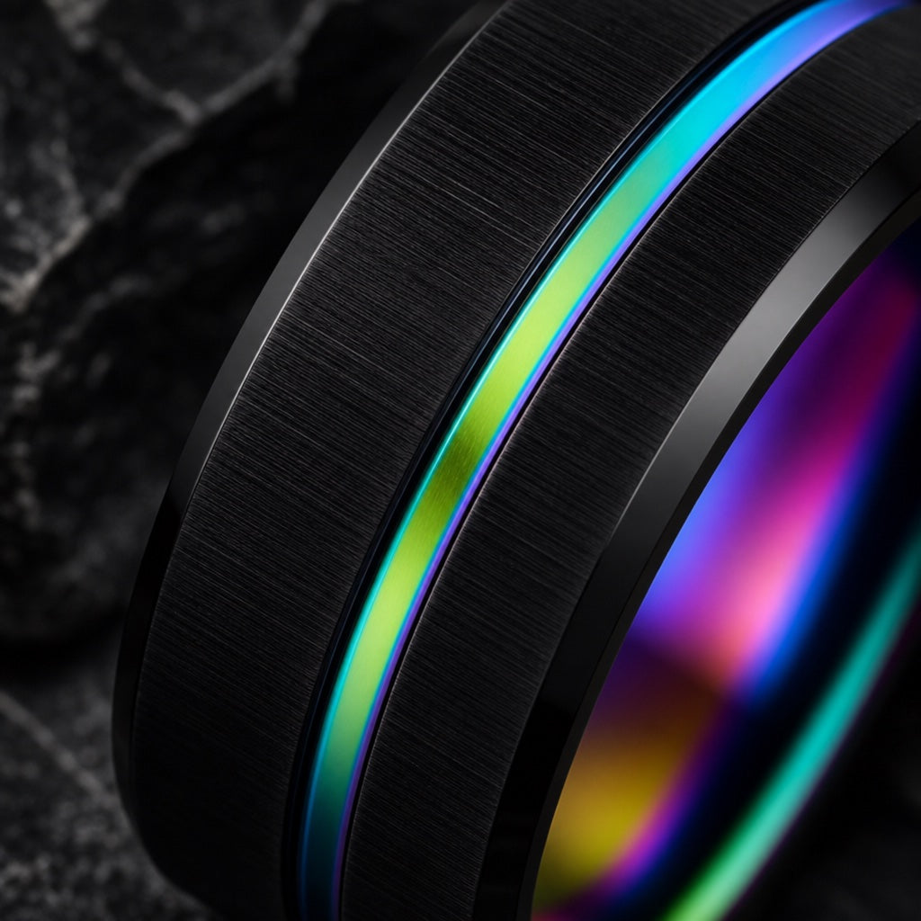 Macro of the Spectrum ring's thin centred iridescent rainbow inlay