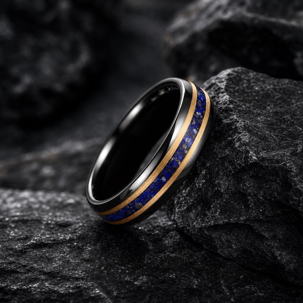 The Splendour ring resting against dark rock, black flanks, gold rails and centred lapis visible