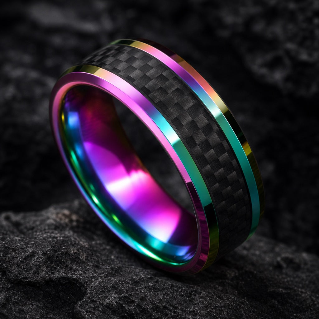 Sprite ring angled on dark stone showing the polished rainbow iridescent blank interior
