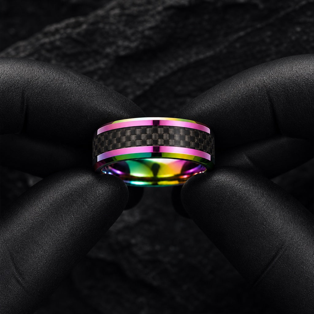 Black latex gloved hands presenting the Sprite ring, rainbow interior and carbon-fibre channel visible