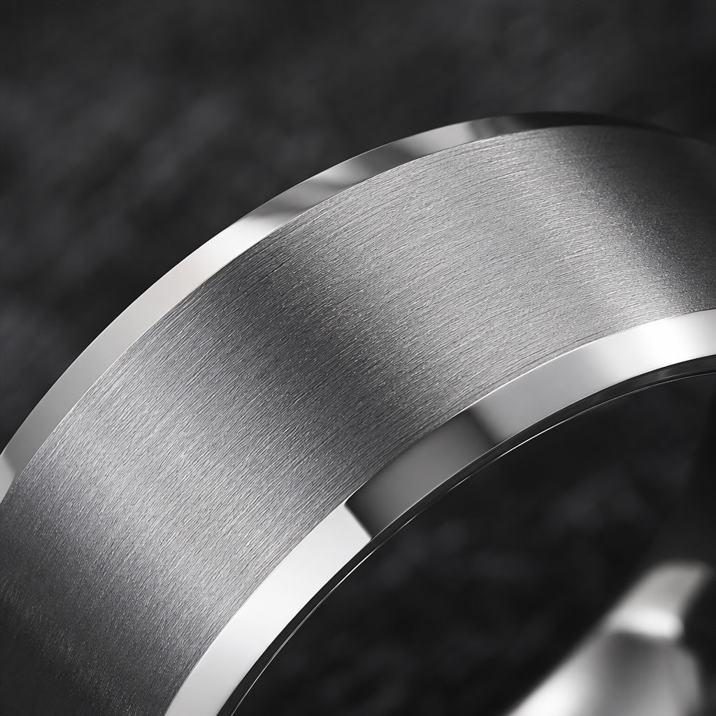 Macro of the Sterling ring's brushed satin silver face on dark charcoal stone