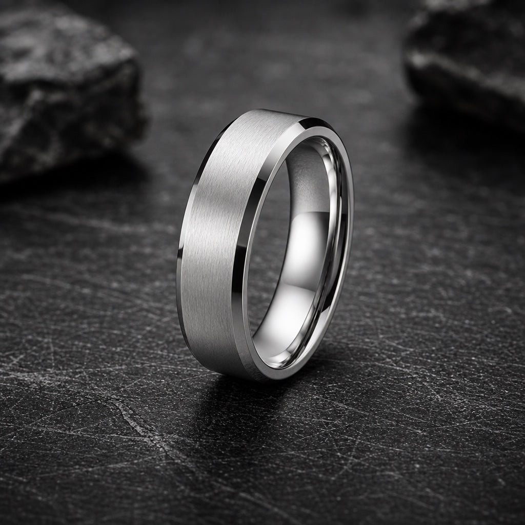 Sterling ring profile showing polished silver bevelled edges framing the brushed face against dark charcoal stone