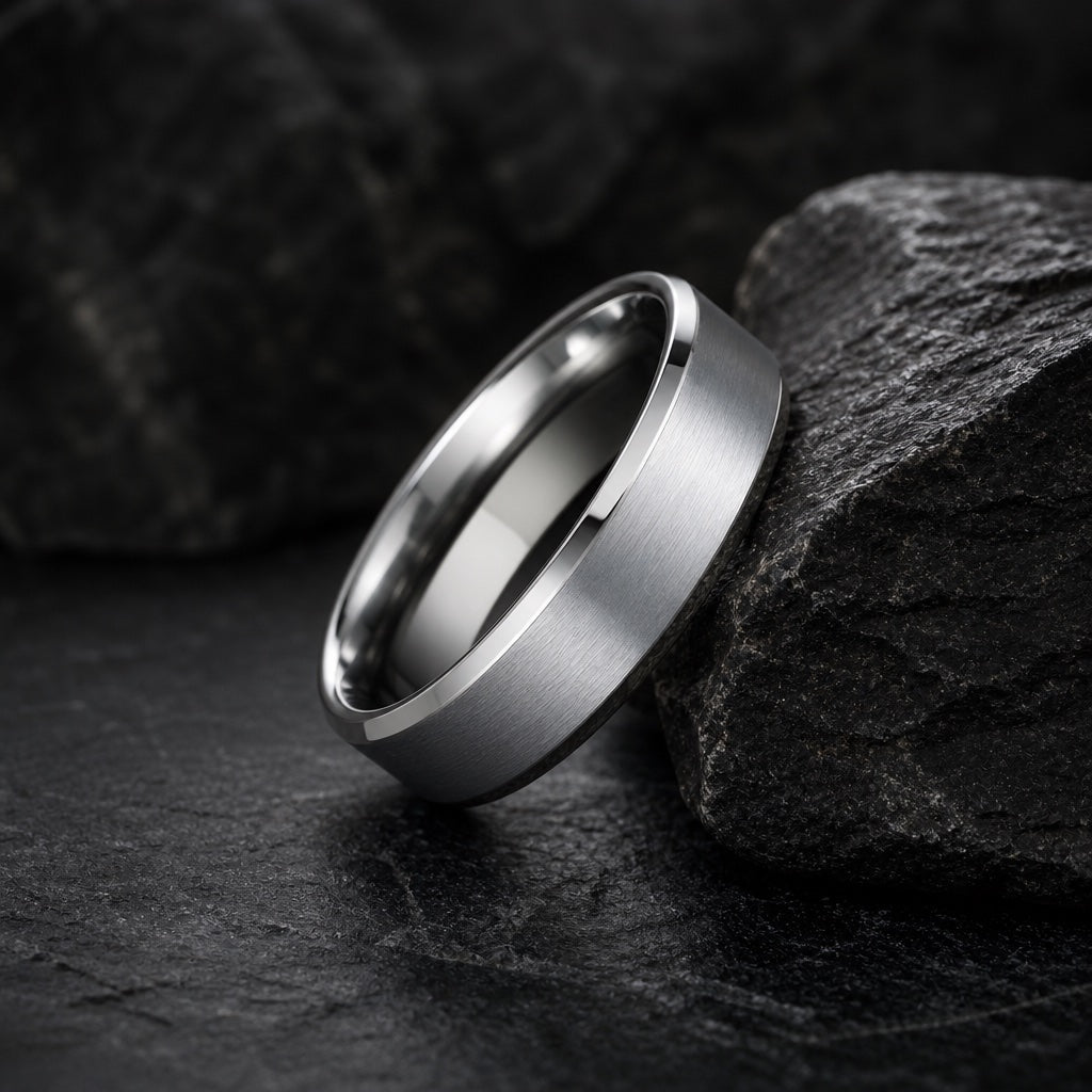 The Sterling ring resting on dark charcoal rock, brushed silver face and polished bevels fully readable