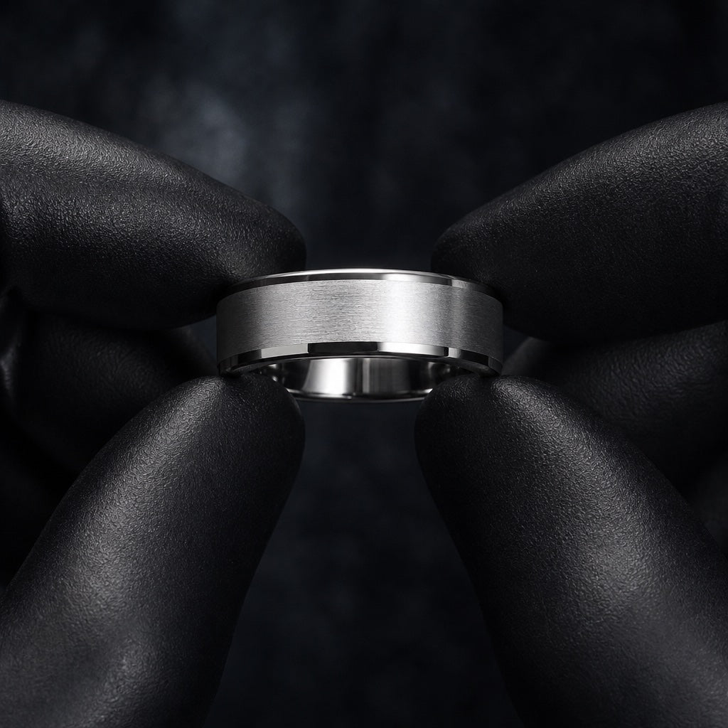 Gloved hands presenting the Sterling ring, brushed silver face, polished bevels, and comfort-fit curve visible