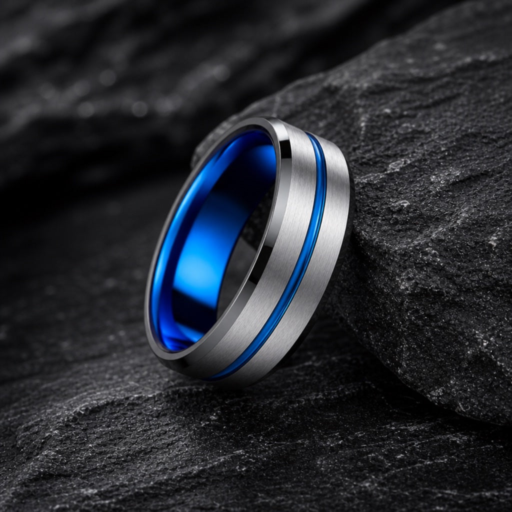 The Sublime ring resting on dark charcoal rock, brushed silver face, thin electric-blue groove, and dark bevels fully readable