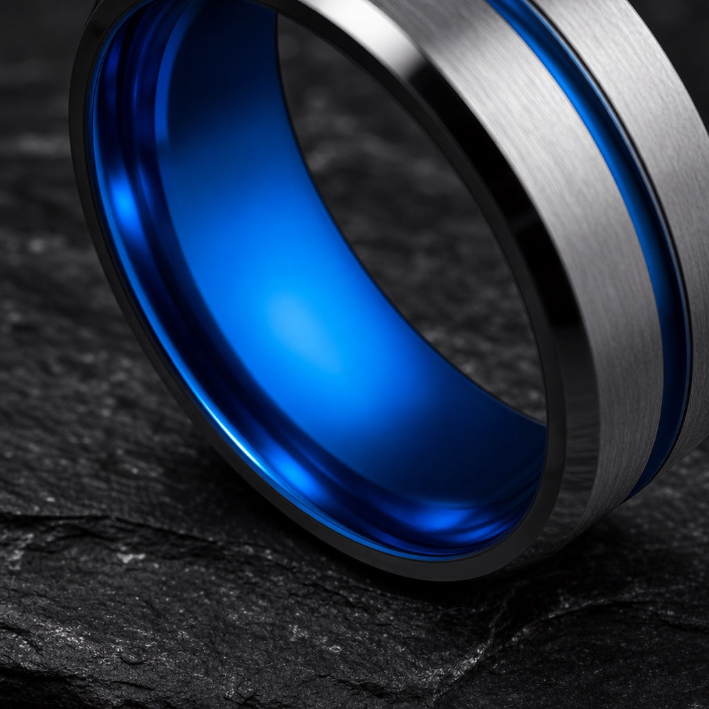Sublime ring angled on dark charcoal stone to show the polished blank electric-blue interior with brushed silver face and thin blue groove visible