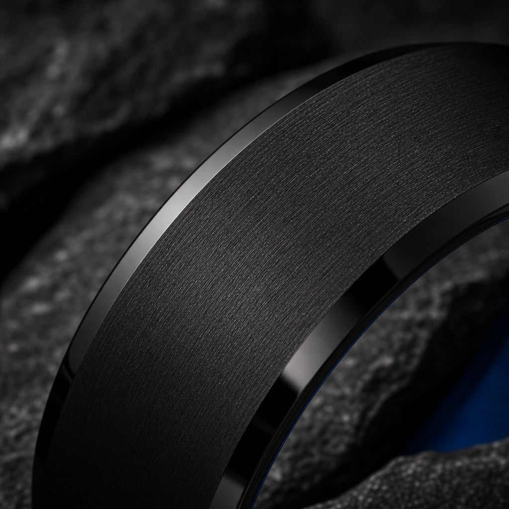 Macro of the Tempest ring's brushed charcoal black tungsten face on dark charcoal stone