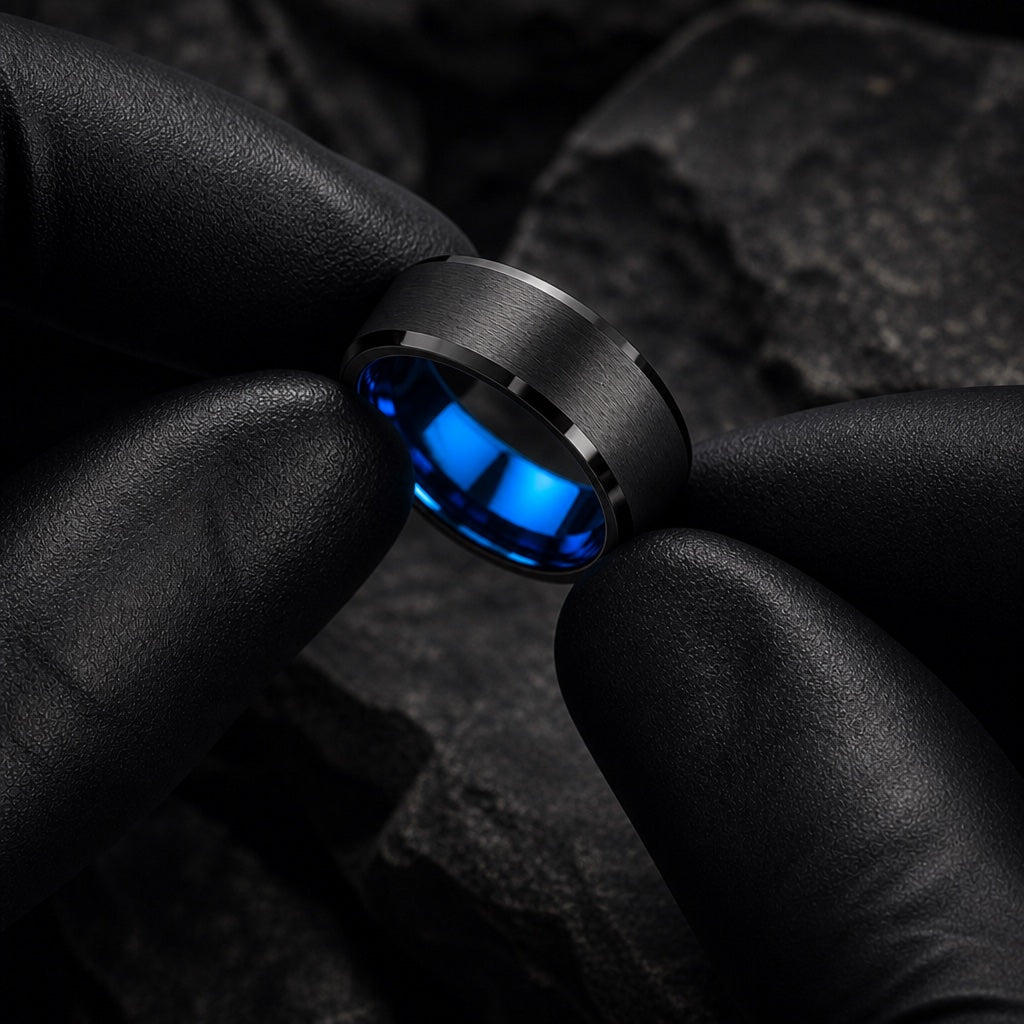 Black latex gloved hands presenting the Tempest ring, electric blue interior and brushed charcoal face visible
