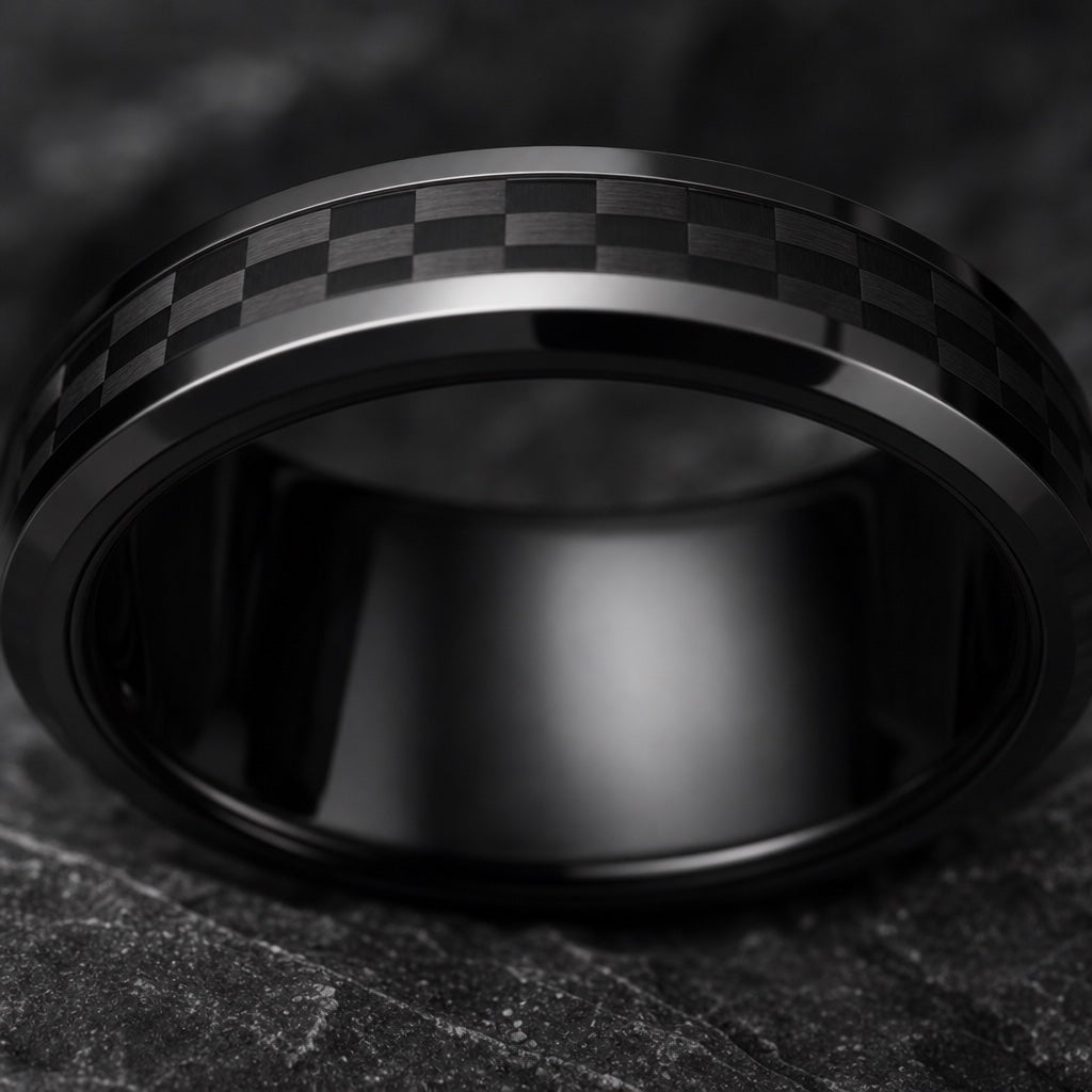 Turbo ring angled on dark charcoal stone to show the blank polished black interior of the band with carbon weave on the rim
