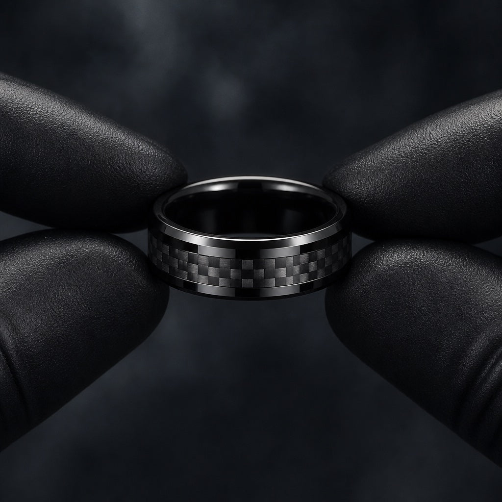 Black latex gloved hands presenting the Turbo ring, comfort-fit black interior and centred carbon-fibre weave visible