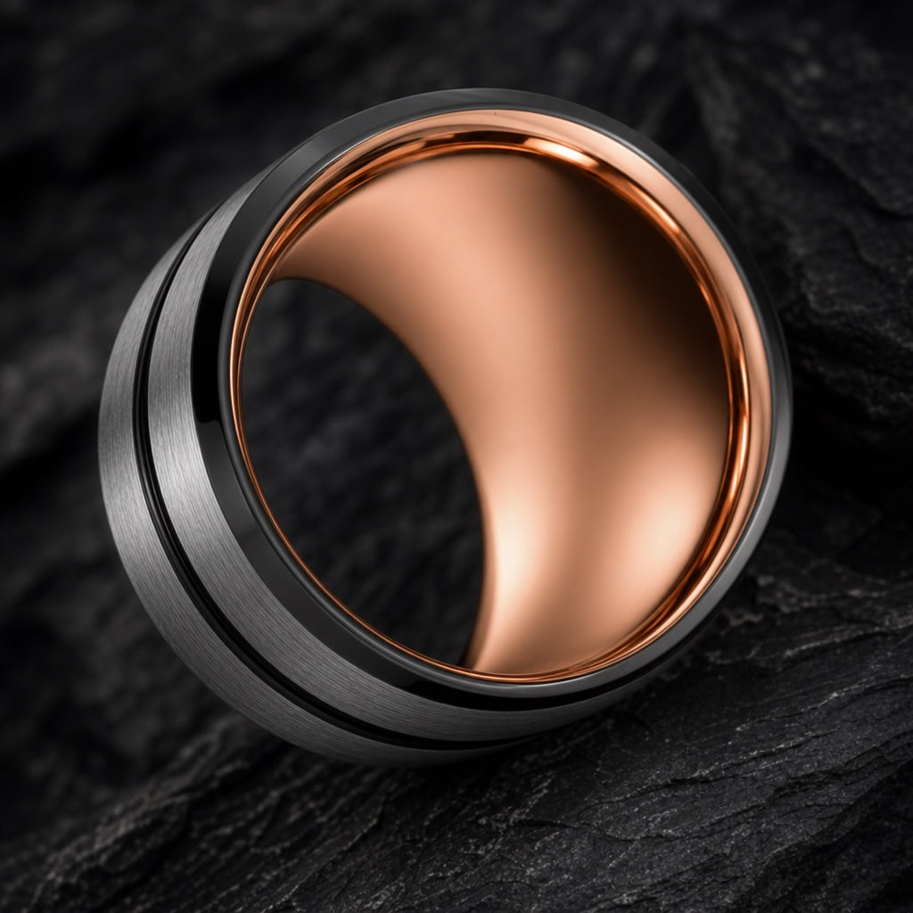 Viceroy ring angled on dark charcoal stone to show the polished rose gold blank interior