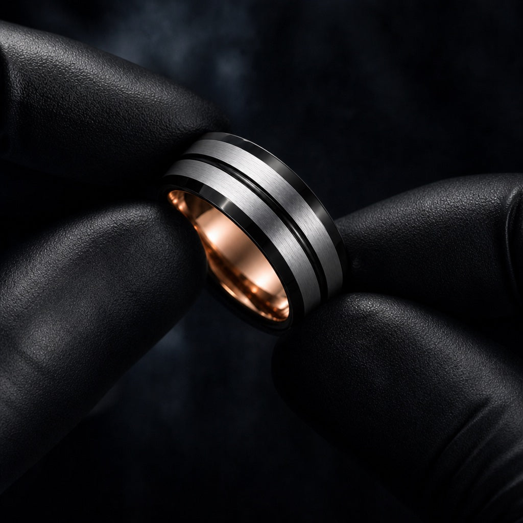 Black latex gloved hands presenting the Viceroy ring, centred black groove and rose gold interior visible