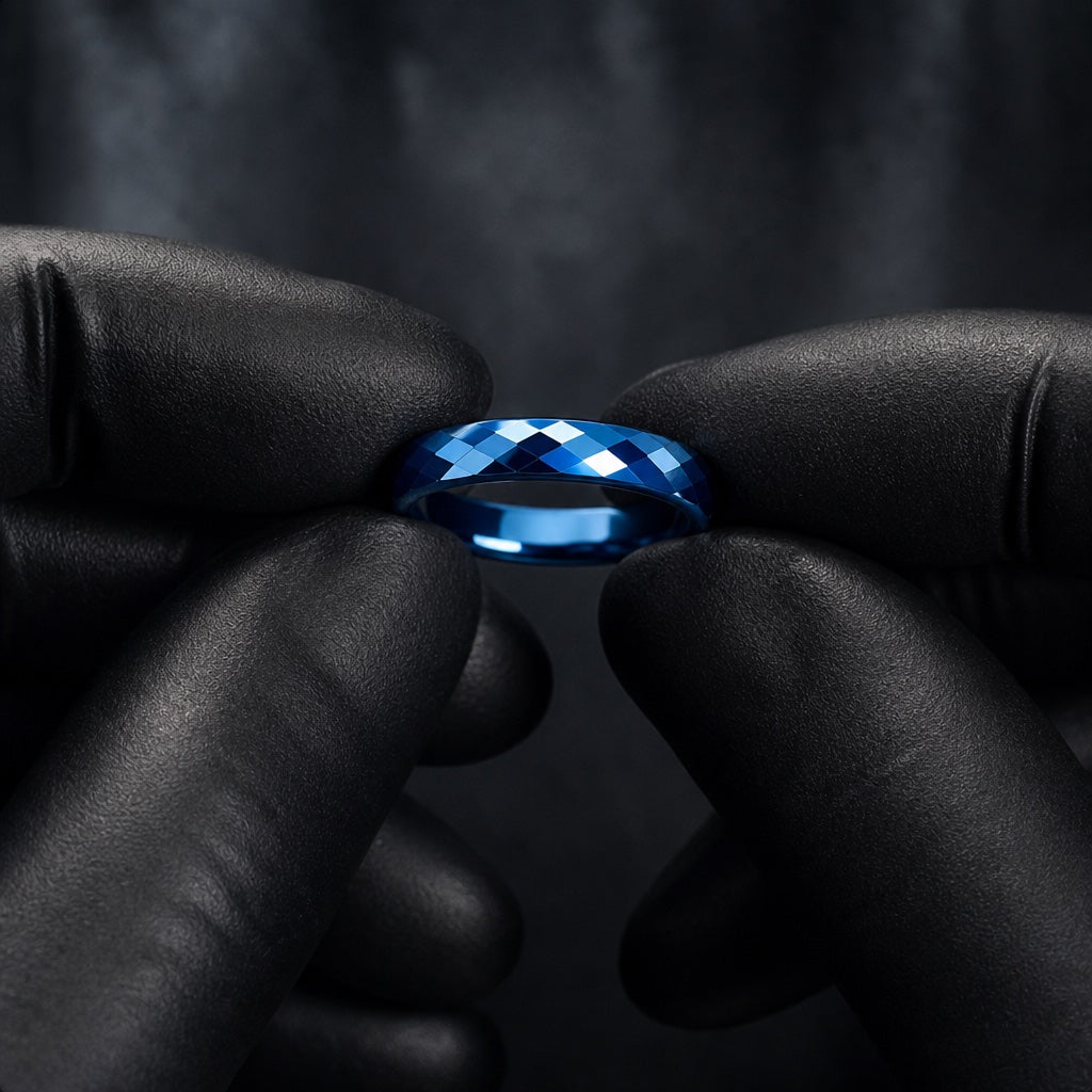 Gloved hands presenting the Virtue ring, faceted electric-blue exterior and blue interior visible