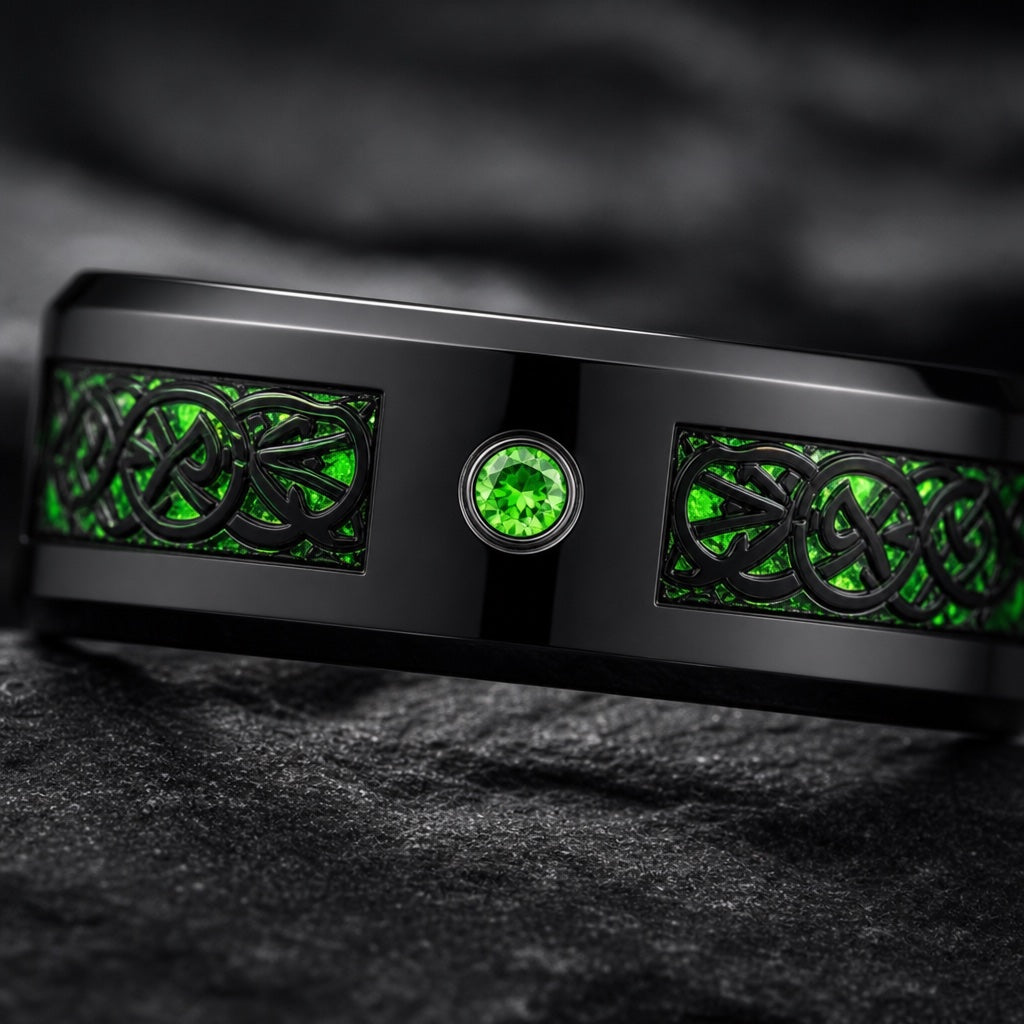 Macro of the Wildcard ring twin green Celtic filigree panels flanking a centred green cubic zirconia