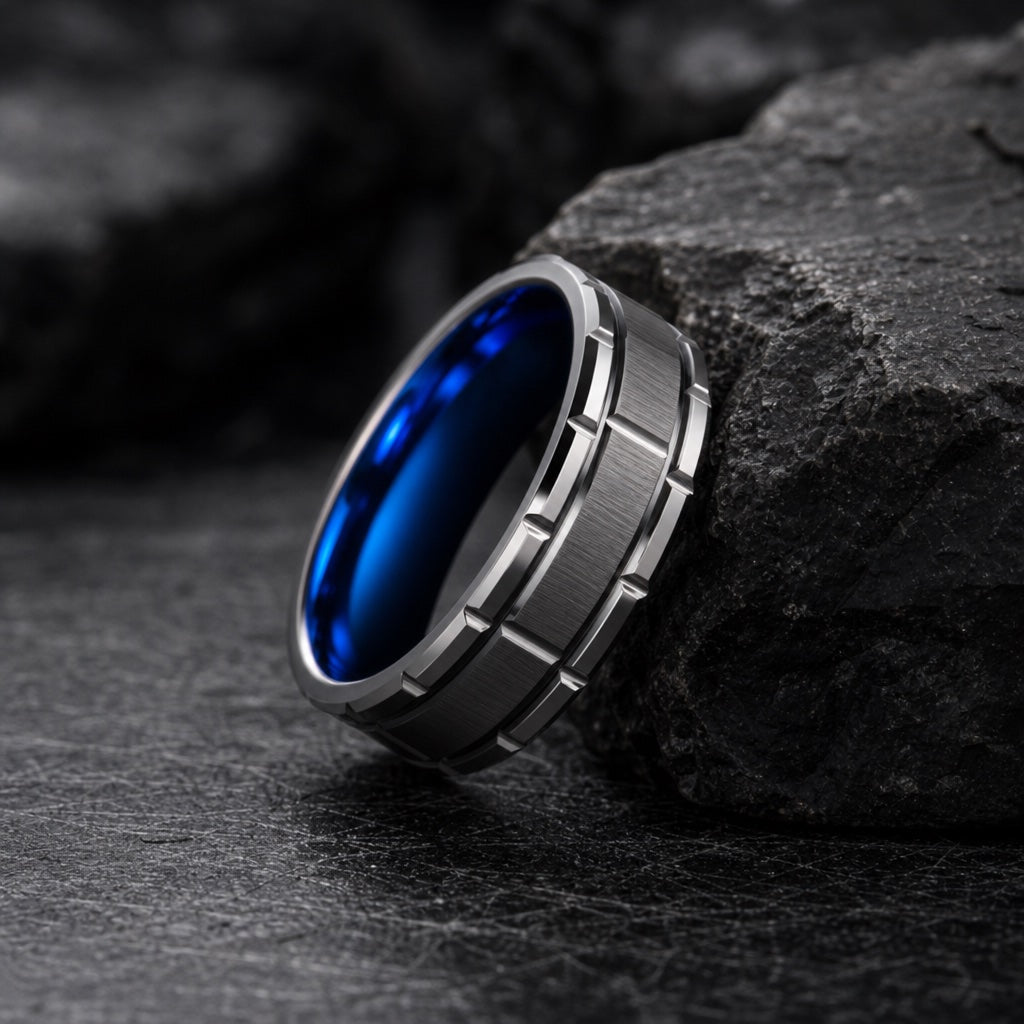The Wonder ring resting against dark rock, segmented gear face and electric royal blue interior visible