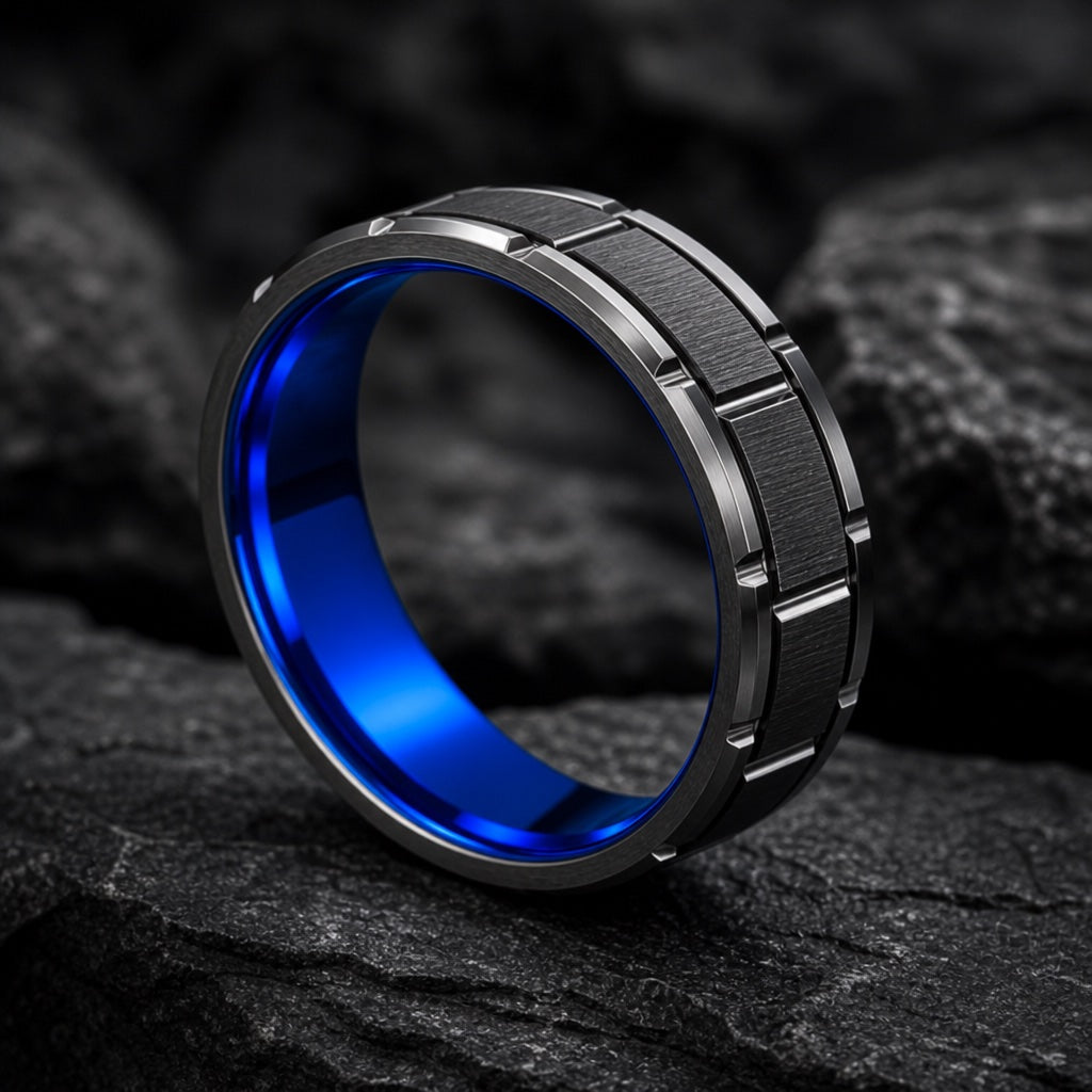 Wonder ring angled on dark stone showing the polished electric royal blue blank interior filling the frame