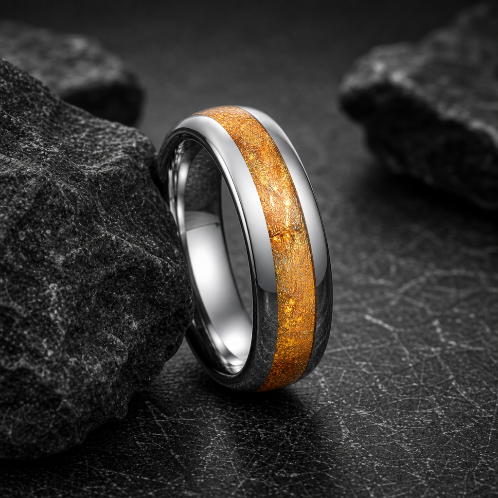 Amber ring — hero on charcoal stone