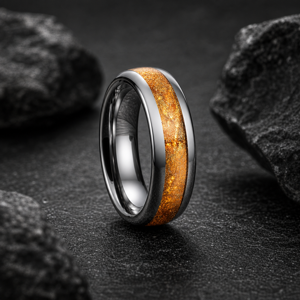 Amber ring — standing three-quarter on stone
