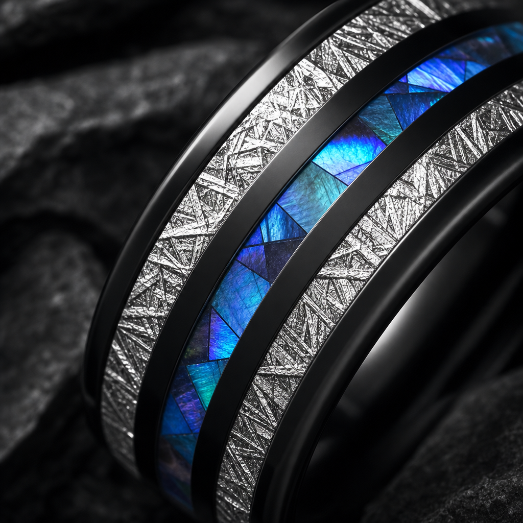 Andromeda ring — macro abalone and meteorite inlay detail