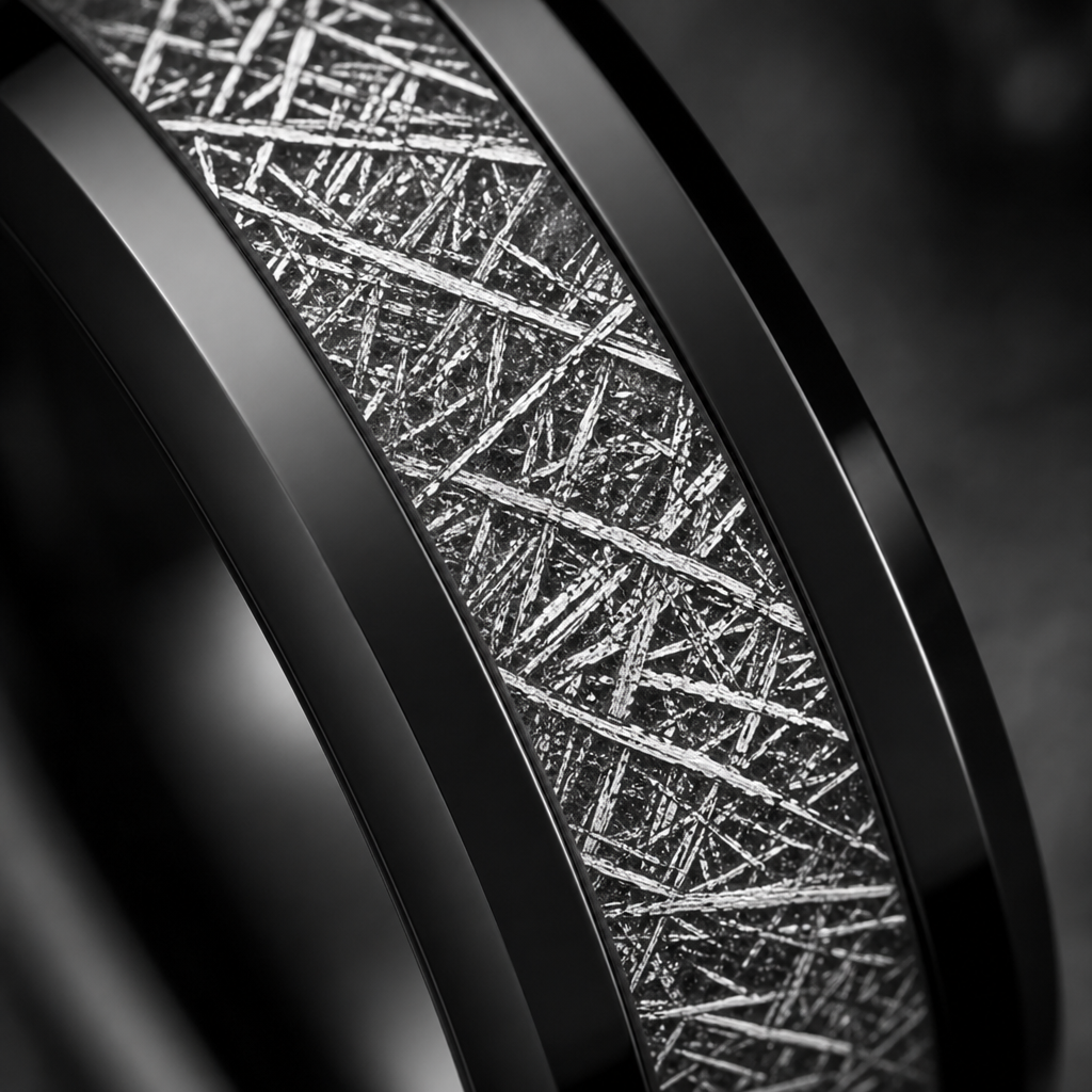 Astro ring — macro meteorite inlay detail