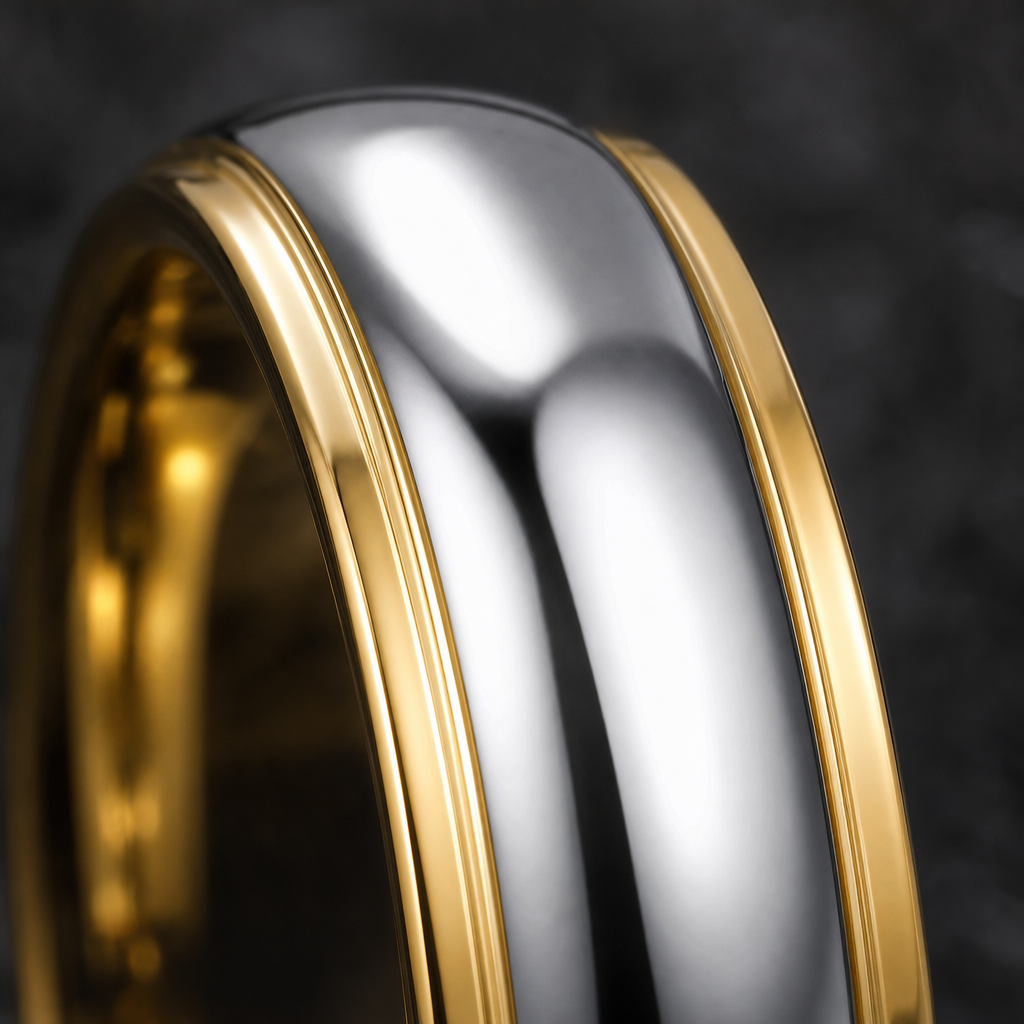 Aura ring — macro silver dome and gold step detail