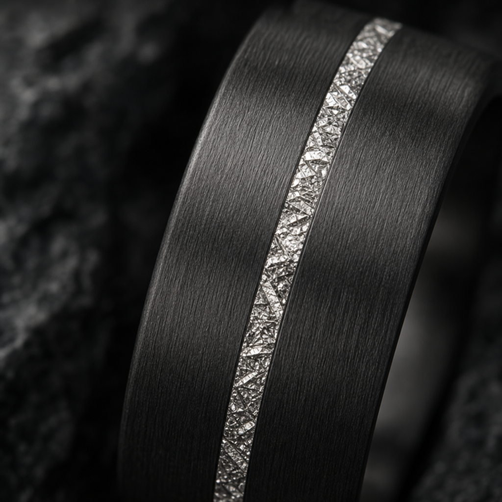 Comet ring — macro meteorite inlay detail