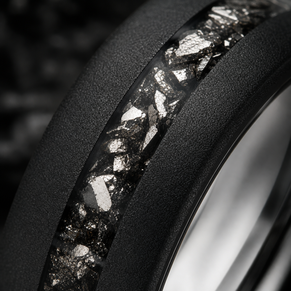 Orion ring — macro meteorite inlay detail