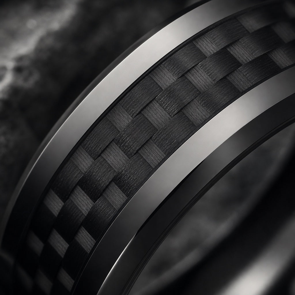 Macro of the Agile ring's centred carbon fibre weave inlay on black tungsten against dark charcoal stone