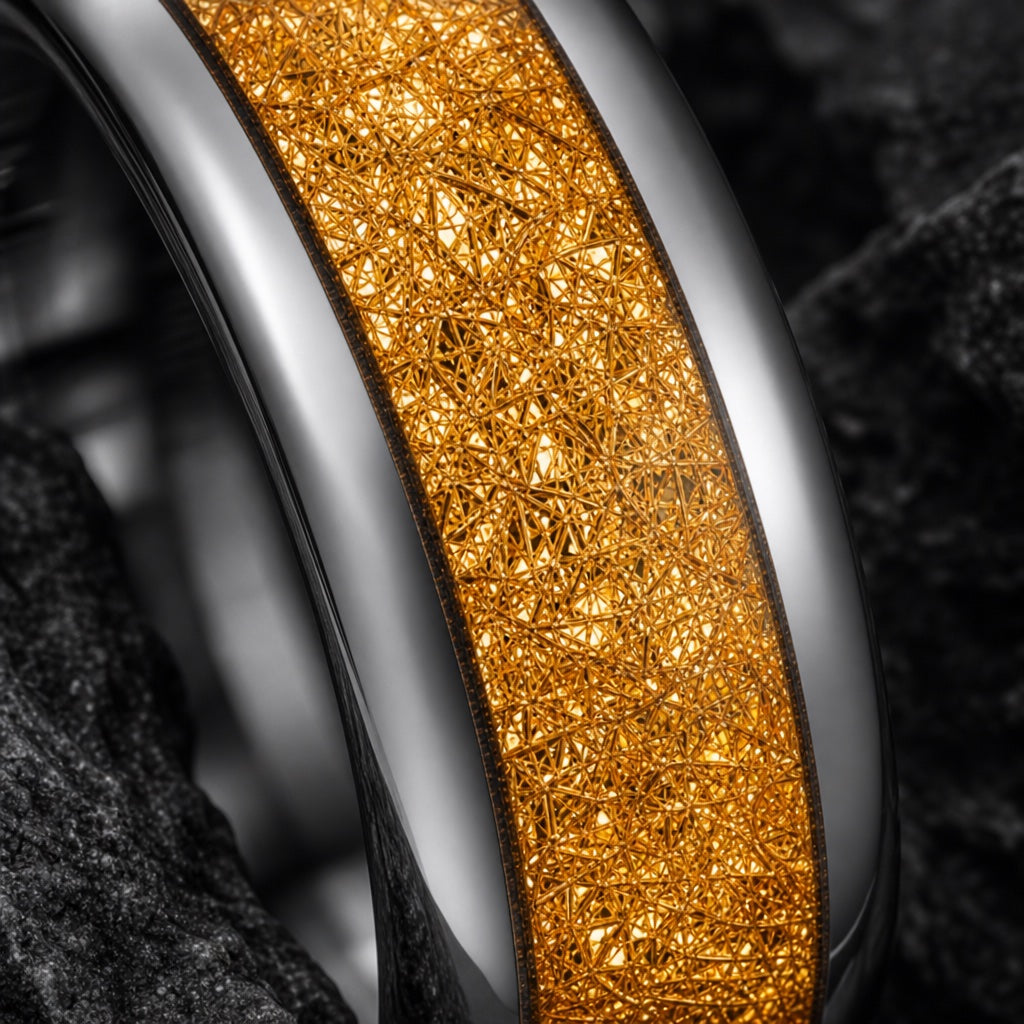 Macro of the Amber ring's wide centred crinkled gold foil inlay
