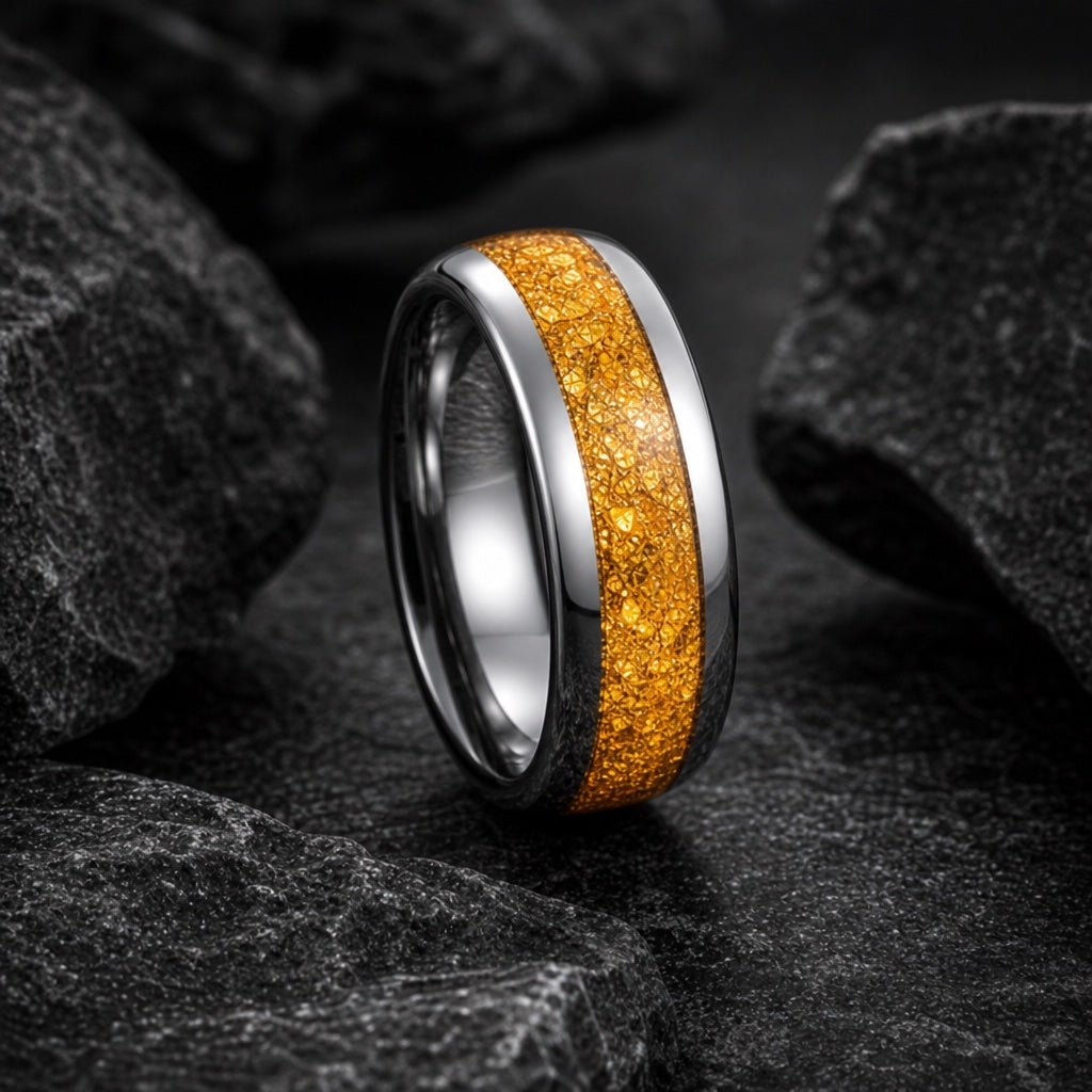 Amber ring showing polished silver tungsten shoulders beside the gold foil