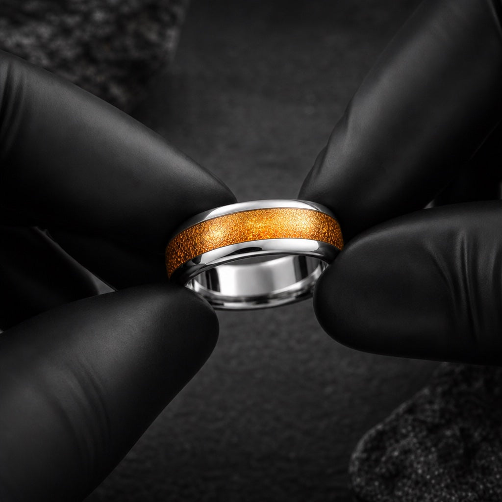 Gloved hands presenting the Amber ring, comfort-fit curve visible