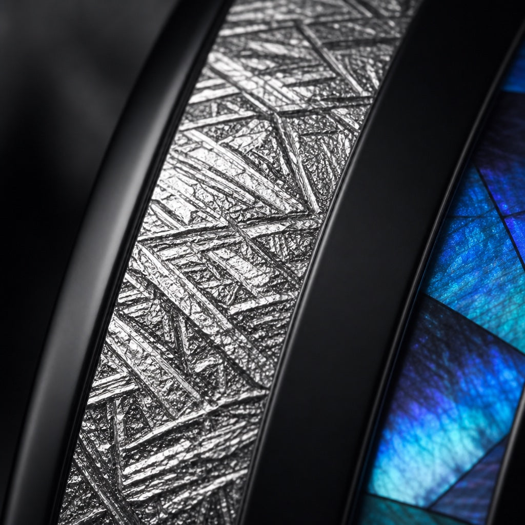 Macro of the Andromeda ring's twin meteorite inlays