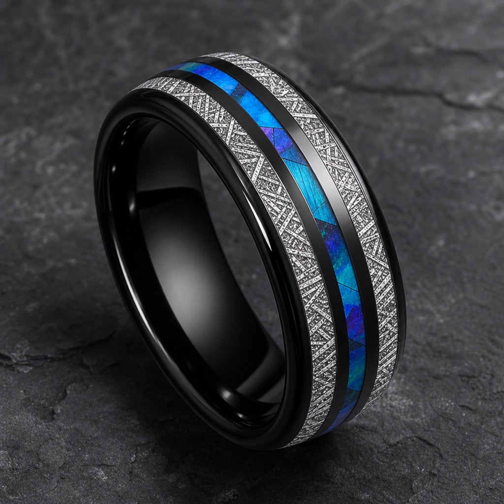 Andromeda ring angled to show the polished black interior of the band