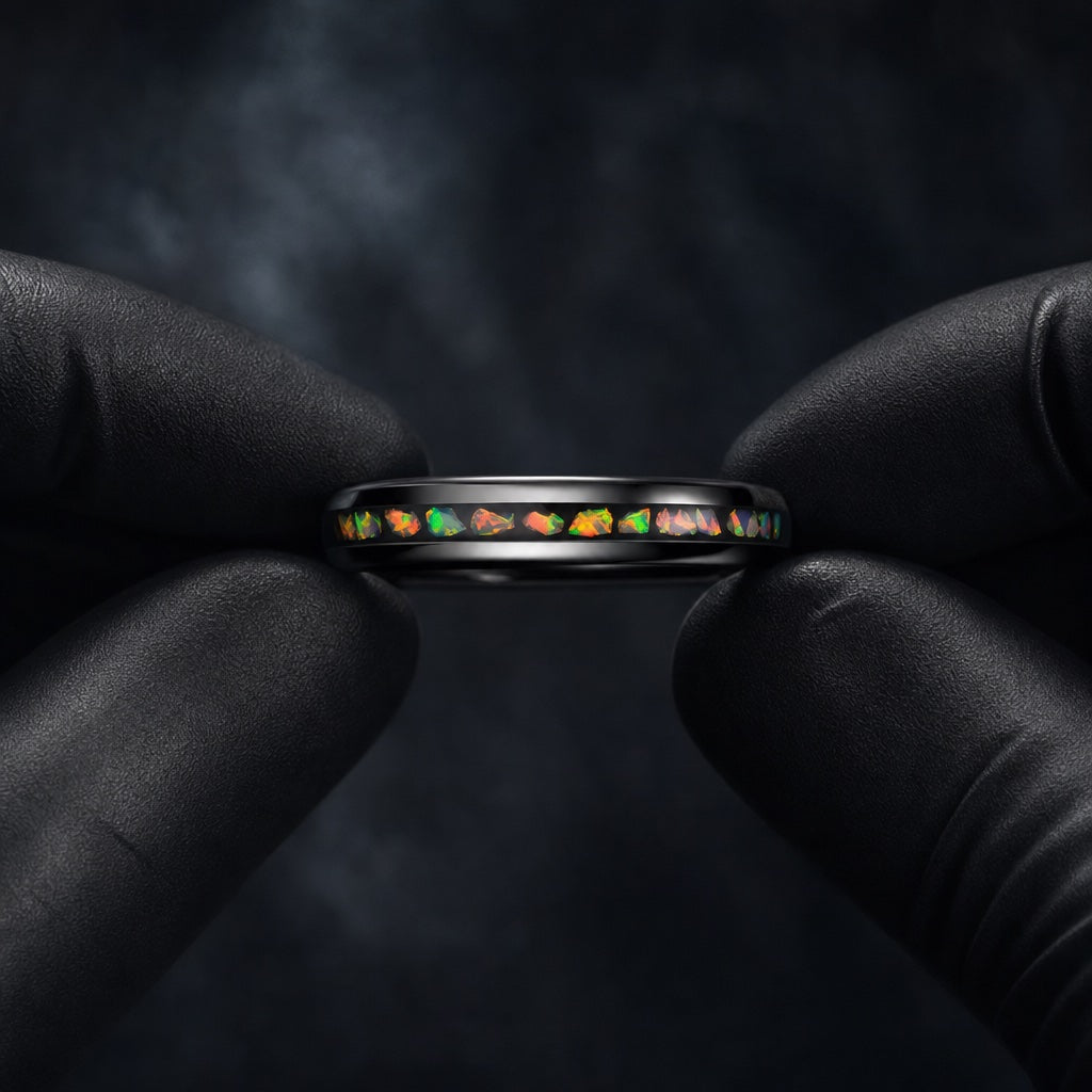 Black latex gloved hands presenting the Angel ring, black interior and crushed fire inlay visible