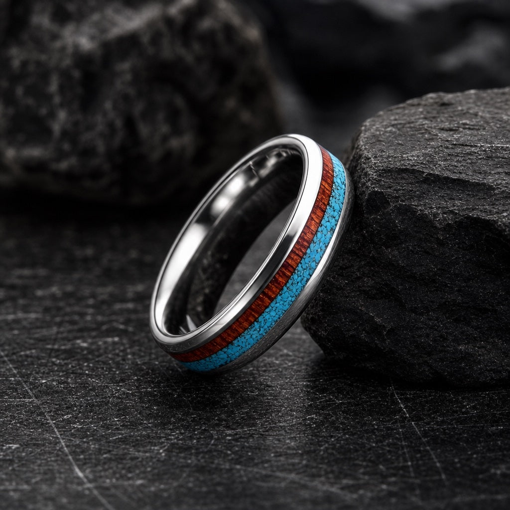 The Aqua ring resting against dark rock, silver body with flush koa and crushed turquoise inlays