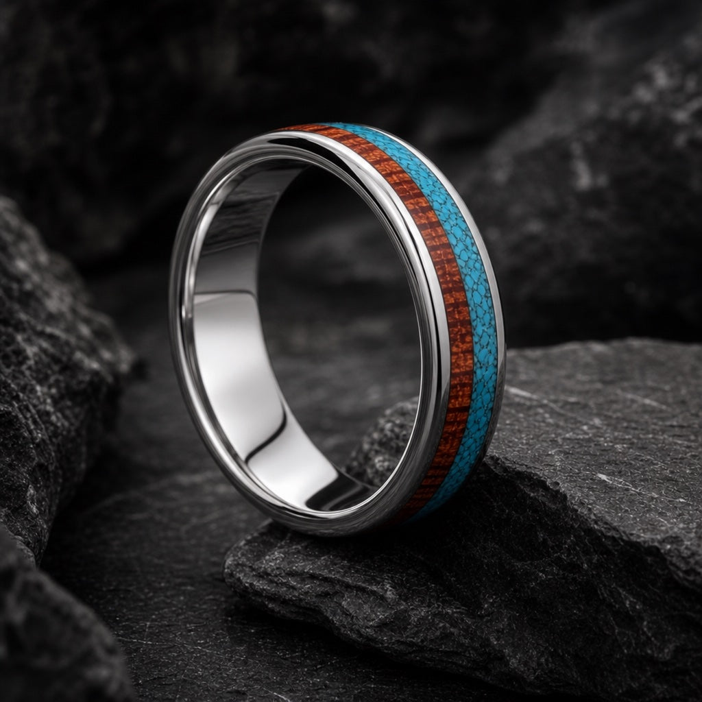 Aqua ring angled on dark stone showing the blank polished silver interior filling the frame