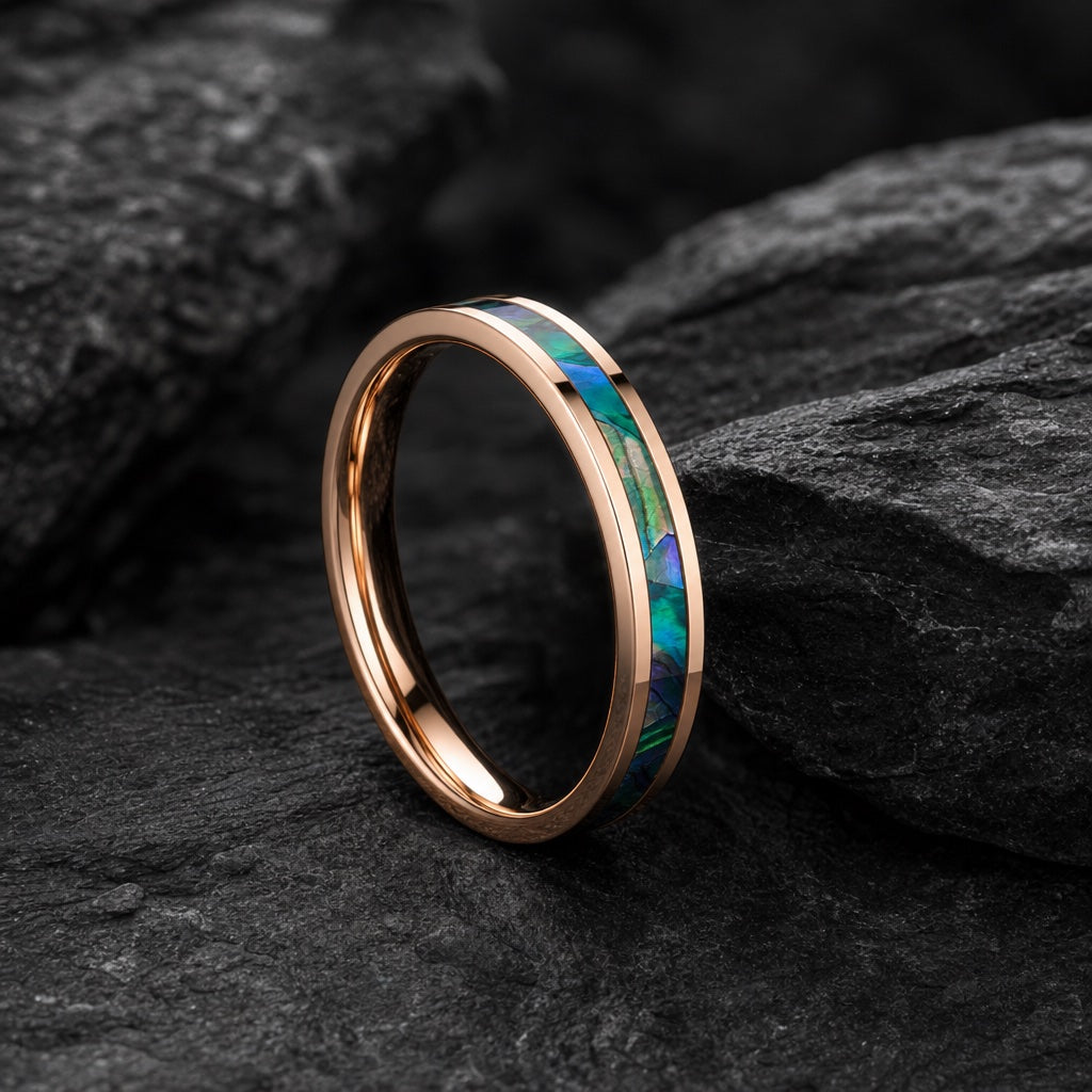 The Arcane ring resting against dark rock, rose gold body and centred abalone visible