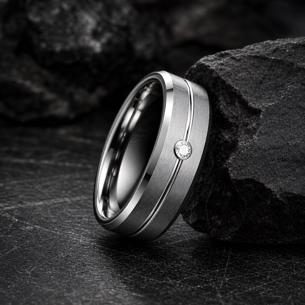 The Arctic ring resting against dark charcoal rock, brushed silver body, centred groove and flush clear stone visible