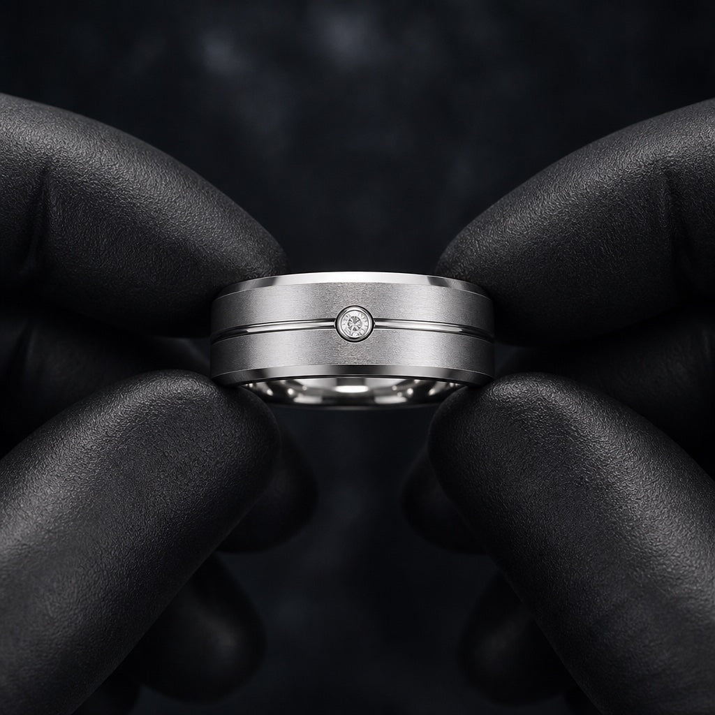 Gloved hands presenting the Arctic ring, clear centre stone, centred groove and comfort-fit curve visible