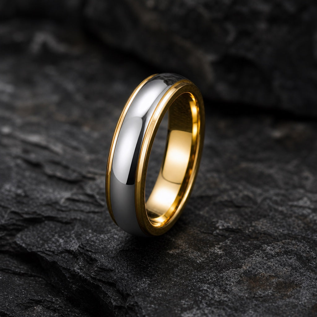 Aura ring showing thin gold stepped edge rails against the silver dome