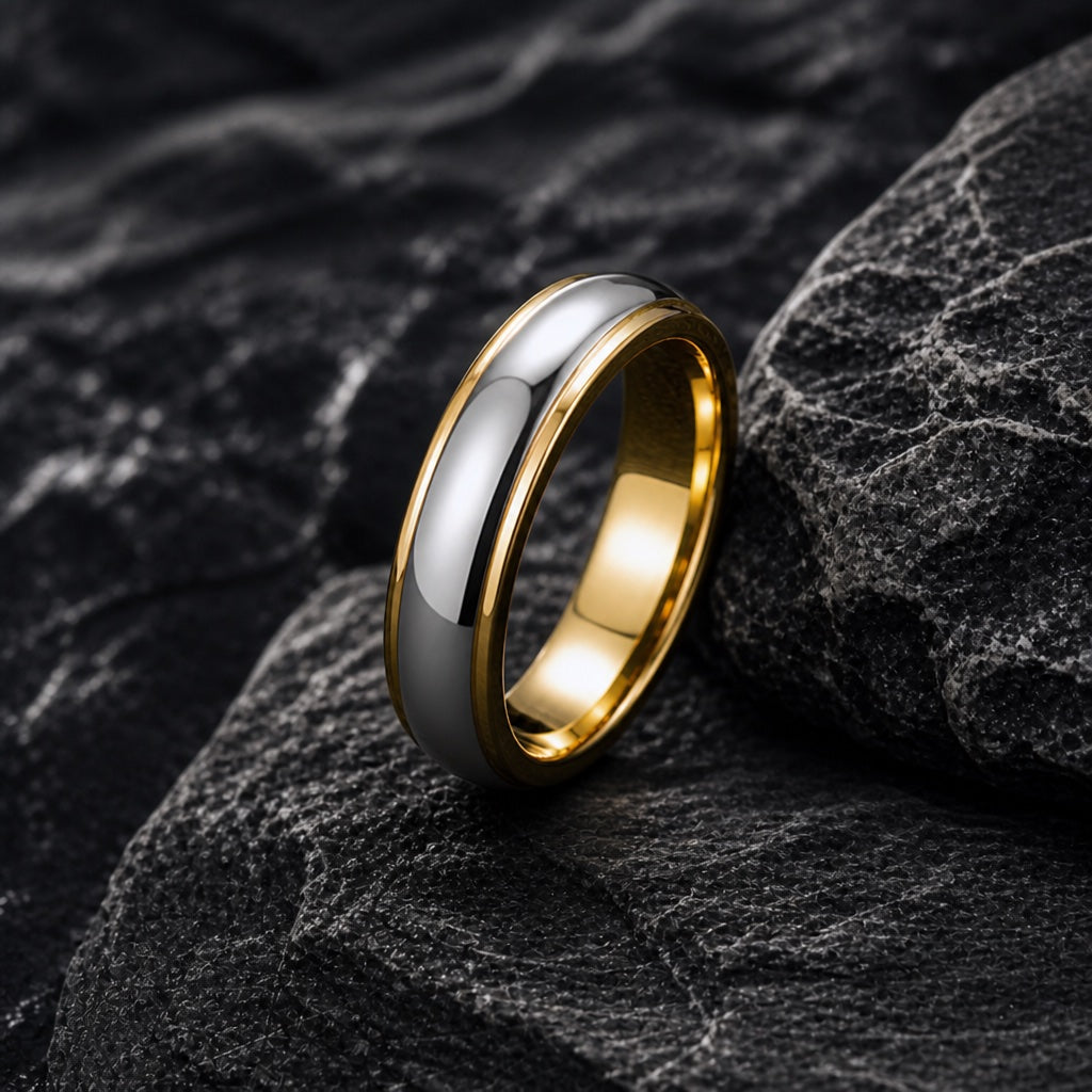 The Aura ring resting against dark rock, two-tone gold and silver body visible