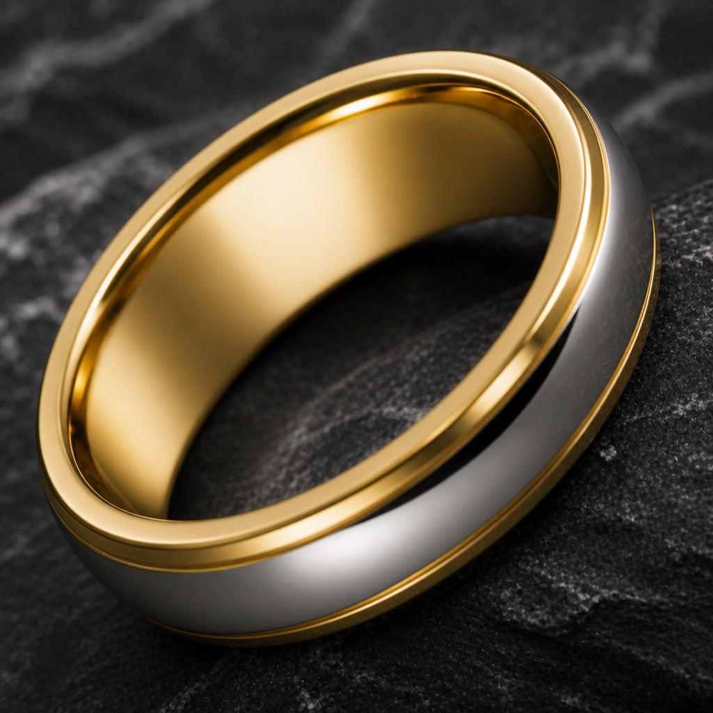 Aura ring angled to show the polished gold interior of the band