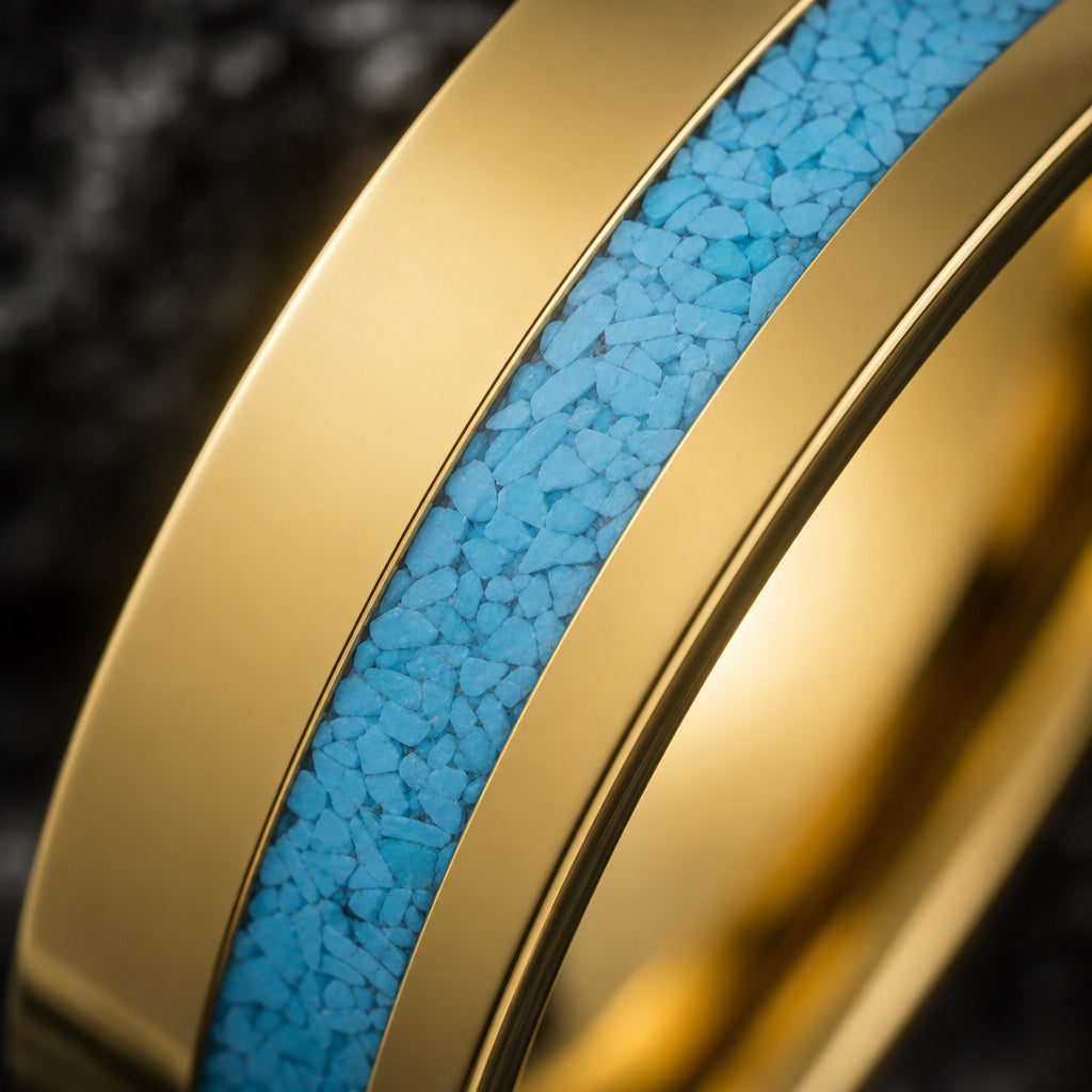 Macro of the Azure ring's off-centre crushed blue turquoise channel