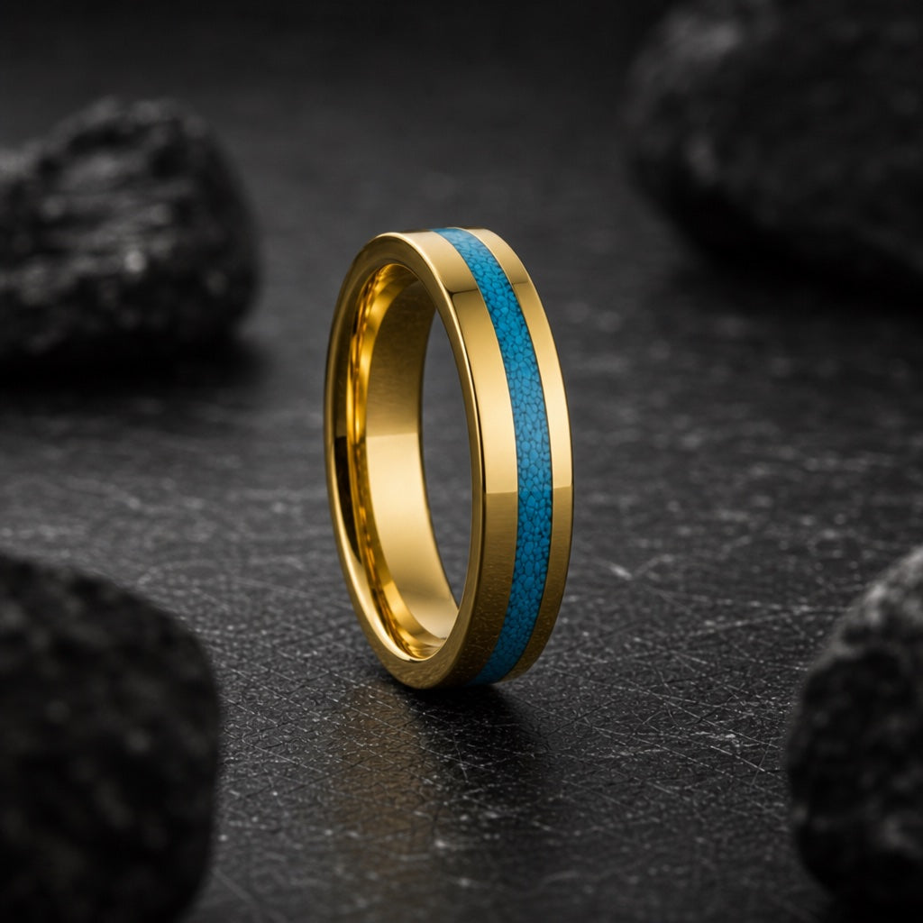 Azure ring standing on dark stone showing polished gold interior and offset turquoise channel